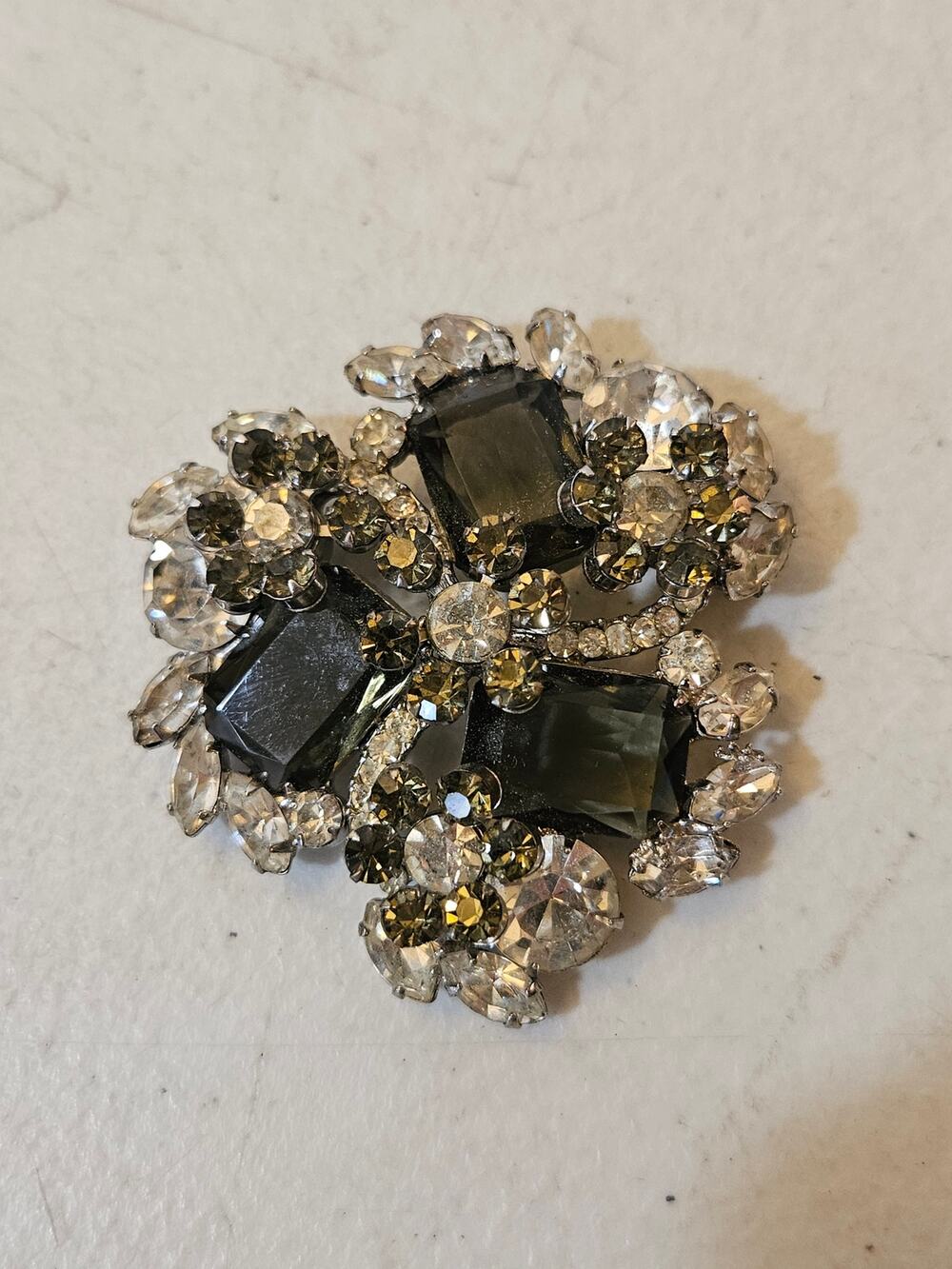 Vintage Smoky Gray Rhinestone Brooch Silver Tone Statement Pin Unsigned 1960s